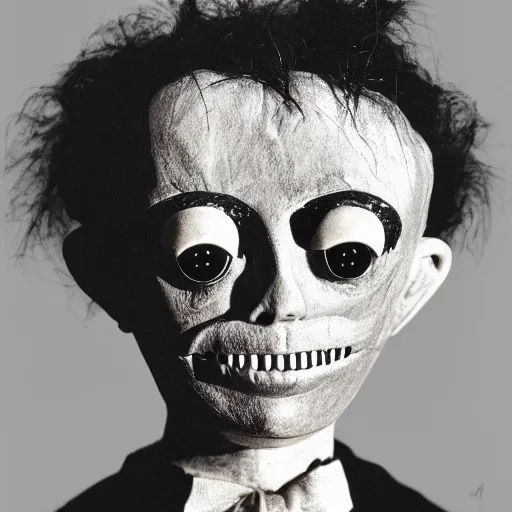 Image similar to ultra high detailed stunning portrait of a ventriloquist dummy in eraserhead, scary, horrifying, creepy