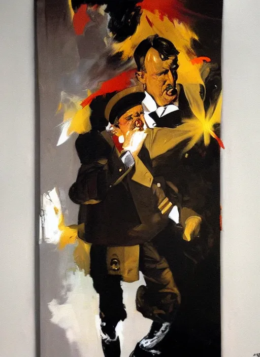 Prompt: hitler, suicide, crying, muzzle flash, funny painting by phil hale, fransico goya,'action lines '!!!, graphic style, visible brushstrokes, motion blur, blurry, visible paint texture, crisp hd image