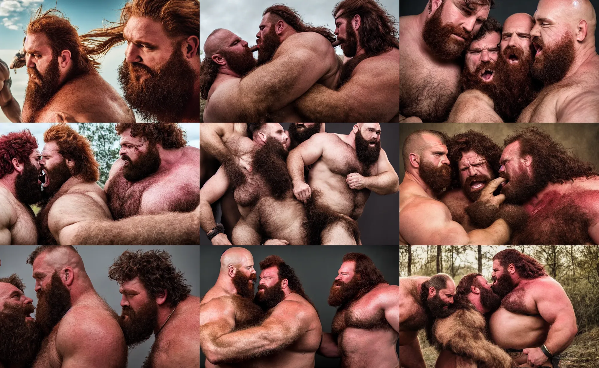 Prompt: three giant hairy thick masculine barbarian strongman kings with massive muscle and dark red hair, kissing each other, photography, highly detailed, epic, high definition, 4 k, 8 k, dad energy