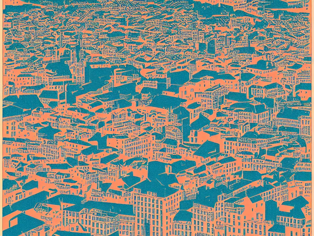 Image similar to Lisbon from a birds eye view, flat design, screen print by Kawase Hasui, jeffrey smith and Yves Klein