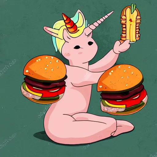 Image similar to unicorn in a leotard eating hamburger