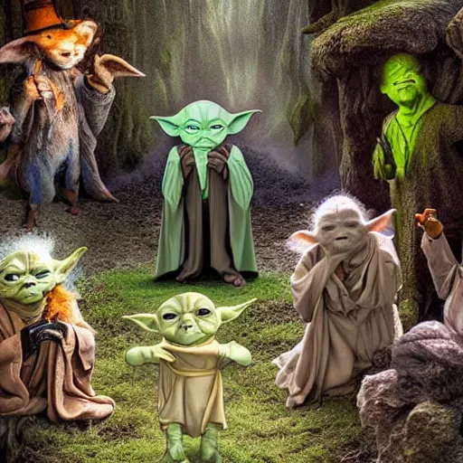 Image similar to various members of yoda's species interacting with eachother and performing strange rituals on their home planet, award winning nature photo 8 k hdr amazing lighting