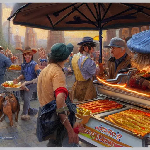 Prompt: Hot-dog stand seller, fantasy D&D, portrait art by Donato Giancola and James Gurney, digital art, trending on artstation