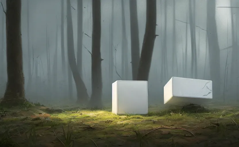 Image similar to a white metallic cube on the ground in the forest, realistic sci-fi painting by simon stålenhag, digital art, trending on artstation