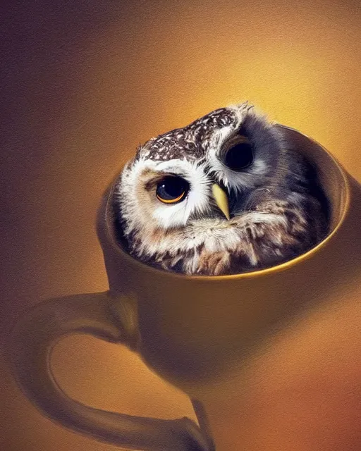 Image similar to long shot of a very cute owl chick nesting in a mug, esao andrews, humorous illustration, hyperrealistic, big depth of field, warm colors, night scenery, low light, 3 d octane render, 4 k, concept art, hyperdetailed, hyperrealistic, trending on artstation