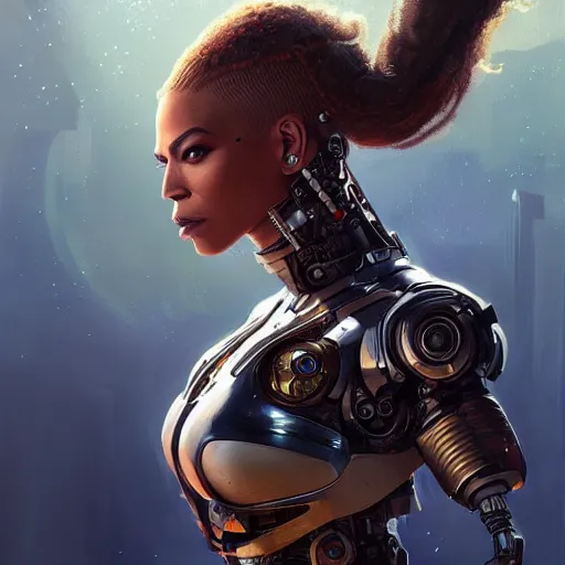 Prompt: cyborg beyonce profile picture by Greg Rutkowski, dynamic pose, intricate, futuristic, fantasy, elegant, by Stanley Artgerm Lau, greg rutkowski, thomas kindkade, alphonse mucha, loish, norman Rockwell,