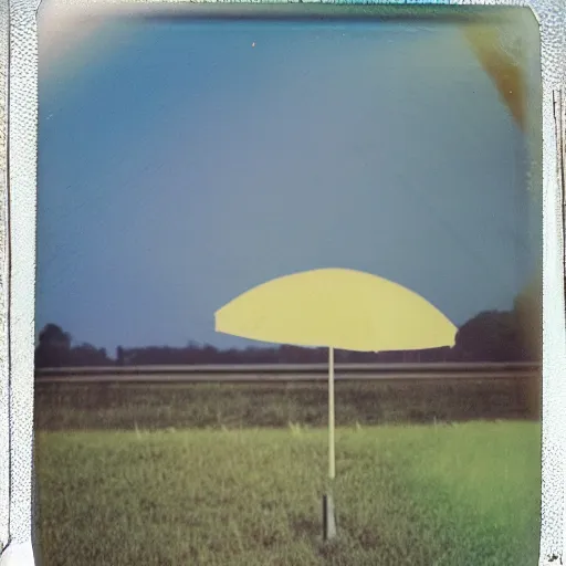 Prompt: a pastel coloured Polaroid photo of a sunbed and umbrella made of transparent iridescent perspex stood in a field, beams of light, nostalgic