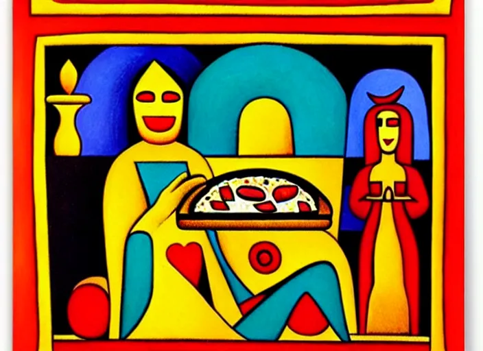 Image similar to a temple to pizza by Tarsila do Amaral