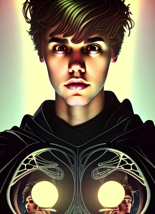 Image similar to portrait of justin bieber glowing eyes, volumetric lights, feast, music notes, art nouveau botanicals, gothic, intricate, highly detailed, digital painting, artstation, concept art, smooth, sharp focus, symmetric face, illustration, steampunk, art by artgerm and greg rutkowski and alphonse mucha