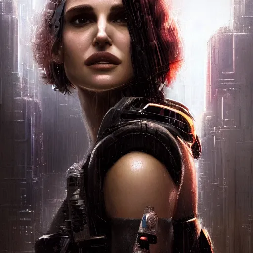 Prompt: closeup portrait of a young natalie portman as a cyberpunk mercenary, neuromancer, dramatic light, gorgeous view, depth, high detail, digital art, painted by greg rutkowski and seb mckinnon, by tim burton, trending on artstation