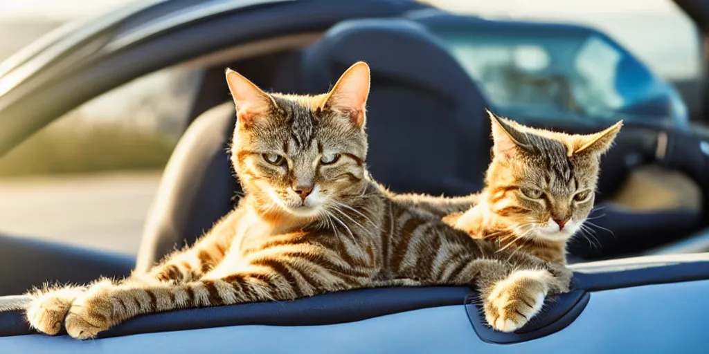 Image similar to side view of convertible, cat sitting relaxed in the driver seat with front paws on steering wheel, eyes closed, enjoying the sun, golden hour