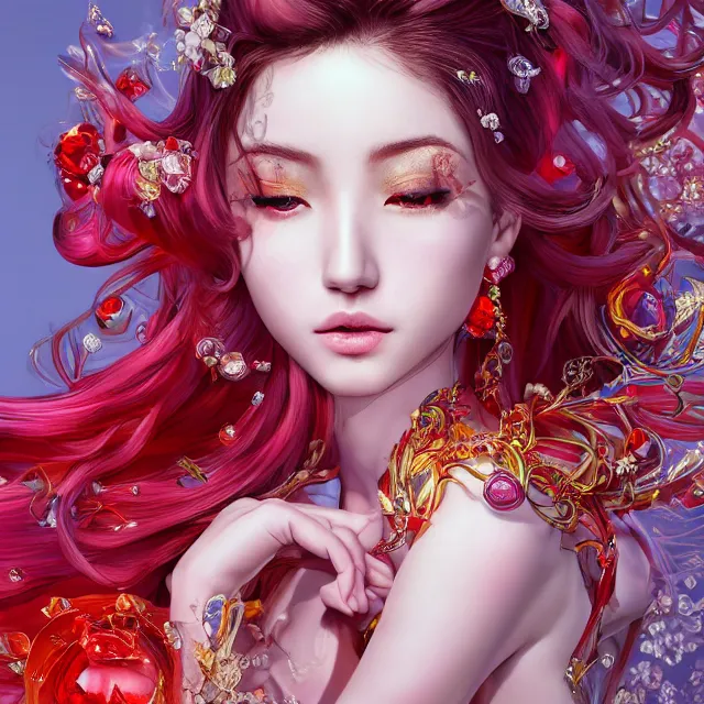 Image similar to an absurdly beautiful, elegant, young hypercolorful sensual gravure idol partially made up of rubies and red gems, ultrafine hyperrealistic detailed face illustration by kim jung gi, irakli nadar, intricate linework, sharp focus, bright colors, matte, octopath traveler, final fantasy, unreal engine highly rendered, global illumination, radiant light, intricate environment