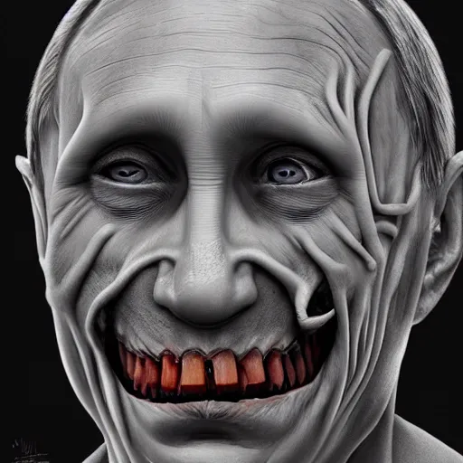 Prompt: a portrait of vladimir putin's, flesh eating worms, macabre, horror saw teeth, horror rotten teeth, peeling face skin, by junji ito and zdzisław beksinski, realistic face, visible face, digital art, artstation, symmetry