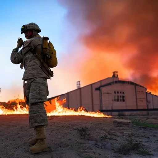 Image similar to a soldier with a glowing orange visor, a half-turn looks into the camera, bodies of the dead are scattered around, an fire in the background, 4k, details, dramatic pose