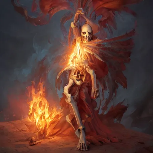 Prompt: skeleton burning in divine holy god ray spell scroll art by artgerm and greg rutkowski and Craig Mullins, James Jean, Andrey Ryabovichev, Mark Simonetti and Peter Morbacher 16k