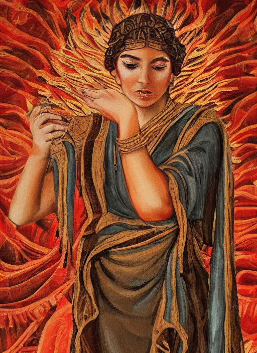 Image similar to Portrait of a beautiful priestess from the oracle of Delphi, looking into the flames, greek fabric by Julia Ustinovich