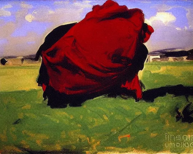 Image similar to a green, red, and black painting by John Singer Sargent