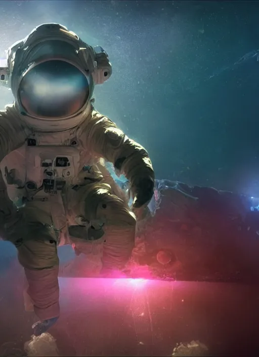 Image similar to complex poster by craig mullins astronaut in futuristic dark and empty spaceship underwater. infrared glowing lights. complex and hyperdetailed technical pink suit. reflection and dispersion materials. rays and dispersion of light. volumetric light. 5 0 mm, f / 3 2. noise film photo. lens flare. flash photography. unreal engine 4, octane render. interstellar movie art