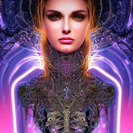 Prompt: very beautiful woman integrating with technology, full face frontal centered, portrait, insipiring, detailed intricate ornate cables connected to head, big alien eyes, luxurious detailed abundent wiring and implants, diamonds, ruby, sci - fi, neon, glow, lucious shinny hair, detailed background with cyber flowers and insects, highly detailed, artstation, 8 k