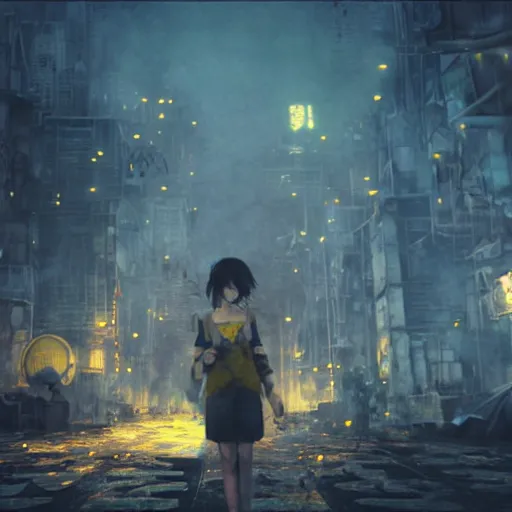 Image similar to post apocalyptic city, crying girl covered in yellow and blue smoke, by akihiko yoshida