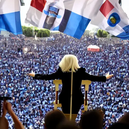 Image similar to Lady Gaga as president, Argentina presidential rally, Argentine flags behind, bokeh, giving a speech, detailed face, Argentina