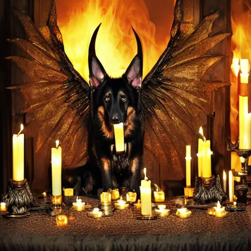 Image similar to gothic ritual with many golden candles, german shepherd with dragon wings in gothic makeup, gloomy, candlelight, intricate detail faces, fireplace photograph