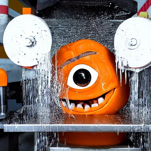 Image similar to the annoying orange getting crushed under a hydraulic press