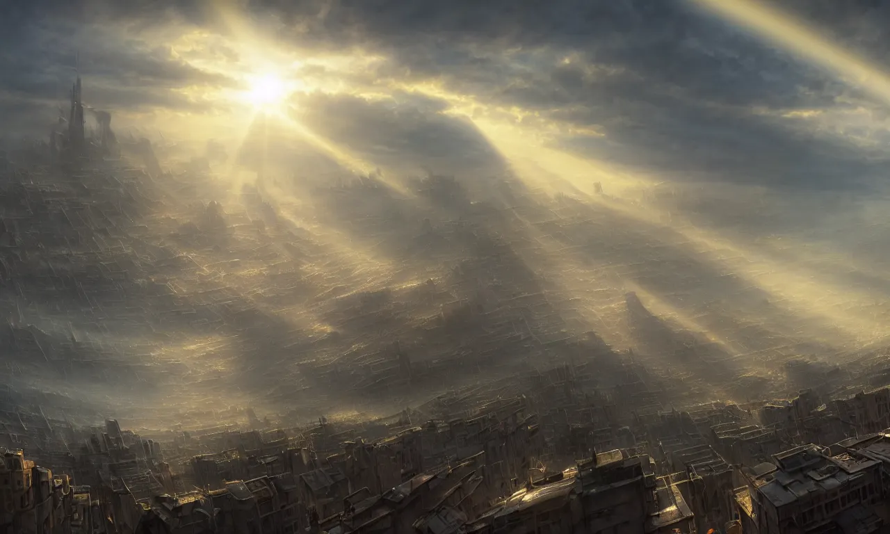 Prompt: A landscape with a dystopian city, sunshine , people are talking in the foreground, bottom view, volumetric lighting, ray lighting from top of frame, crepuscular ray lighting from above, dynamic lighting, muted colors, by Greg rutkowski, thomas kinkade, Andreas rocha, john howe, pixar, f16, hd, 8k