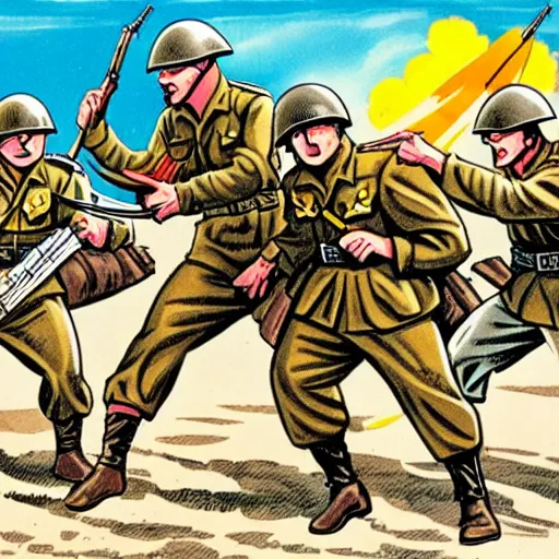 Image similar to a comic book art rendition of world war ii soldiers fighting on a beach