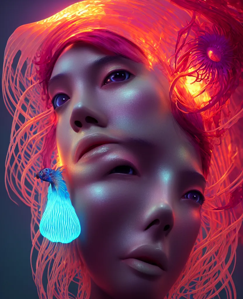 Image similar to goddess close-up portrait. orchid jellyfish phoenix head, nautilus, skull, betta fish, bioluminiscent creatures, intricate artwork by Tooth Wu and wlop and beeple. octane render, trending on artstation, greg rutkowski very coherent symmetrical artwork. cinematic, hyper realism, high detail, octane render, 8k