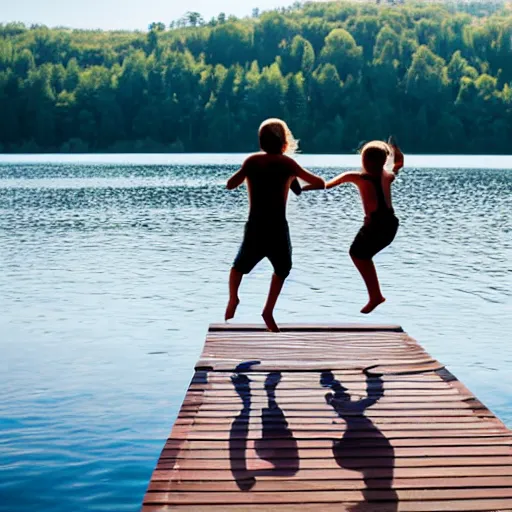 Prompt: family jumping off a dock into lake silhouette