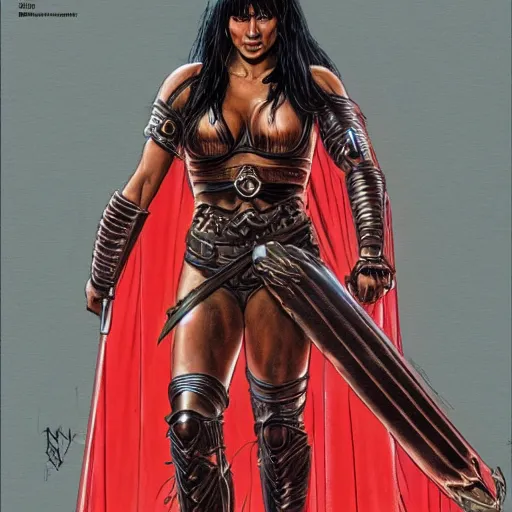Prompt: a muscular bronze - skinned black - haired woman warrior wearing xena armor and a red cape, on a hostile planet, highly detailed, ron cobb, moebius, heavy metal magazine, mike mignola, trending on art station, illustration, comic book