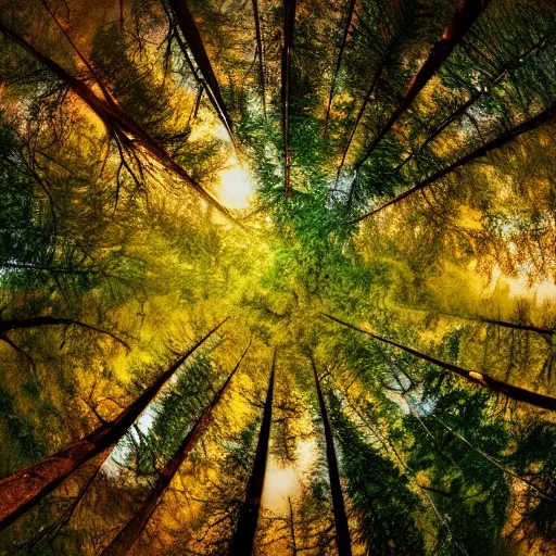 Image similar to looking up at the tops of trees in a forest, an ultrafine detailed painting by jon coffelt, shutterstock contest winner, generative art, multiple exposure, fisheye lens, high dynamic range