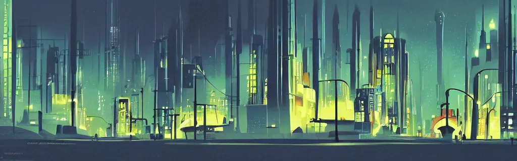 Prompt: sci - fi city street with glass pod buildings, modernism, gouache, trees, animated film, stylised, illustration, by eyvind earle, scott wills, genndy tartakovski