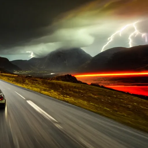 Image similar to nightmarish creatures rushing towards car, black pontiac firebird trans - am driving towards the camera, norway mountains, red glow in sky, valley, large lake, dynamic, cinematic, motionblur, volumetric lighting, wide shot, low angle, large lightning storm, thunder storm