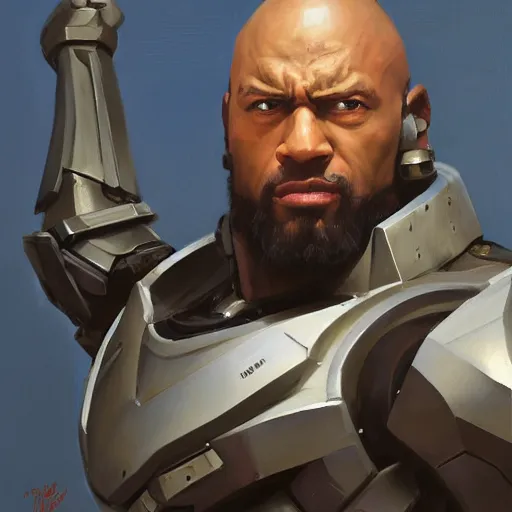 Image similar to greg manchess portrait painting of fully armored bionic augmented the foundation aka dwayne the rock as overwatch character, medium shot, asymmetrical, profile picture, organic painting, sunny day, matte painting, bold shapes, hard edges, street art, trending on artstation, by huang guangjian, gil elvgren, ruan jia, greg rutkowski, gaston bussiere