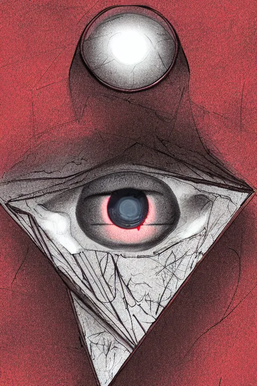 Image similar to portrait of triangle shaped head with single giant bloodshot eye, in the style of Greg Broadmore and Arthur Rackham,trending on artstation, light lighting side view,digital art,surrealism ,macro,blueprint ,vaporwave ,