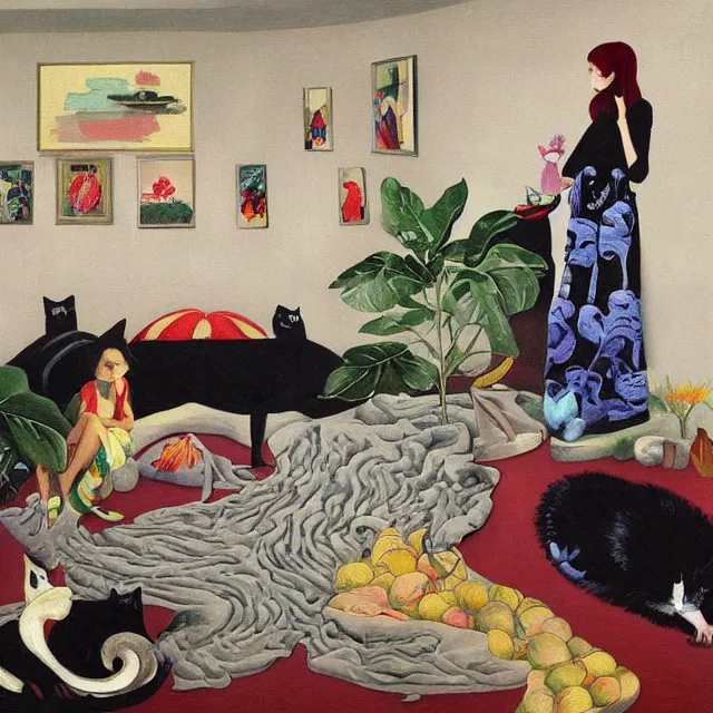 Image similar to emo catgirl artist in her flooded lounge room, painting of flood waters inside an artist's loungeroom, a river flooding indoors, pomegranates, pigs, ikebana, water, octopus, river, rapids, waterfall, black swans, canoe, berries, acrylic on canvas, surrealist, by magritte and monet