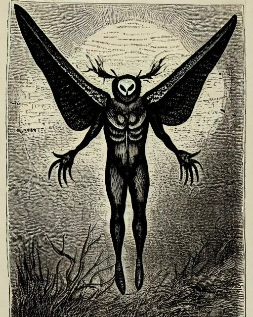 Image similar to illustration of mothman from the dictionarre infernal, etching by louis le breton, 1 8 6 9, 1 2 0 0 dpi scan