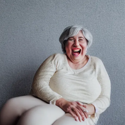 Prompt: Portrait Photo of ur fat mom smiling creepy into the camera, gray hair, smiling softly, realistic, 4k/8, real, photoshooting, relaxing on a modern couch, interior lighting, cozy living room background, medium shot, mid-shot, soft focus, professional photography, Portra 400