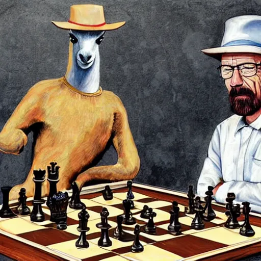 Prompt: High detailed painting of a llama playing chess with Walter White