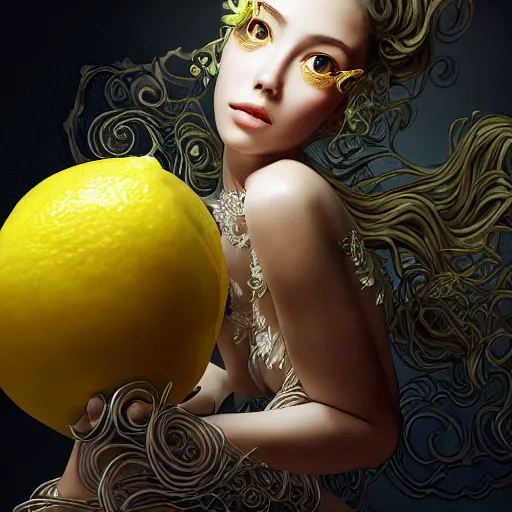 Image similar to the portrait of a lemon that resembles an absurdly beautiful, graceful, elegant, sophisticated, lovely young woman, an ultrafine hyperdetailed illustration by kim jung gi, irakli nadar, intricate linework, bright colors, octopath traveler, final fantasy, unreal engine 5 highly rendered, global illumination, radiant light, detailed and intricate environment