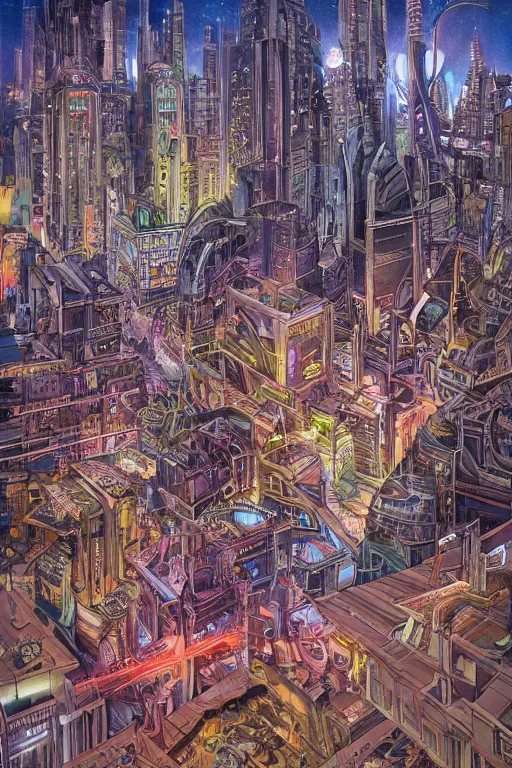 Image similar to A full-color airbrushed, ultra-detailed, hyperrealistic, photorealistic, mixed media, fineliner illustration of futuristic city at night with polluter air and art nouveau architecture, by P. Craig Russell , Moebius and Bill Sienkiewicz, trending on netfkix, trending on artstation