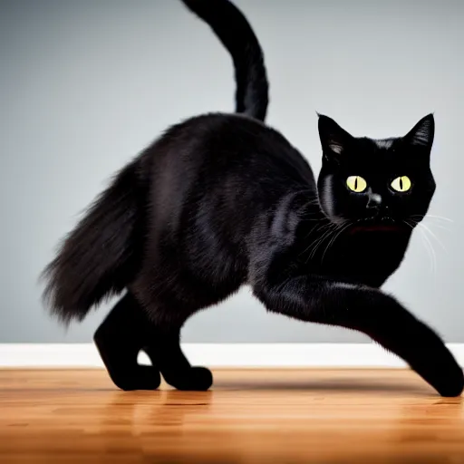 Prompt: a detailed professional photo of a black cat dancing, the cat has high heels on