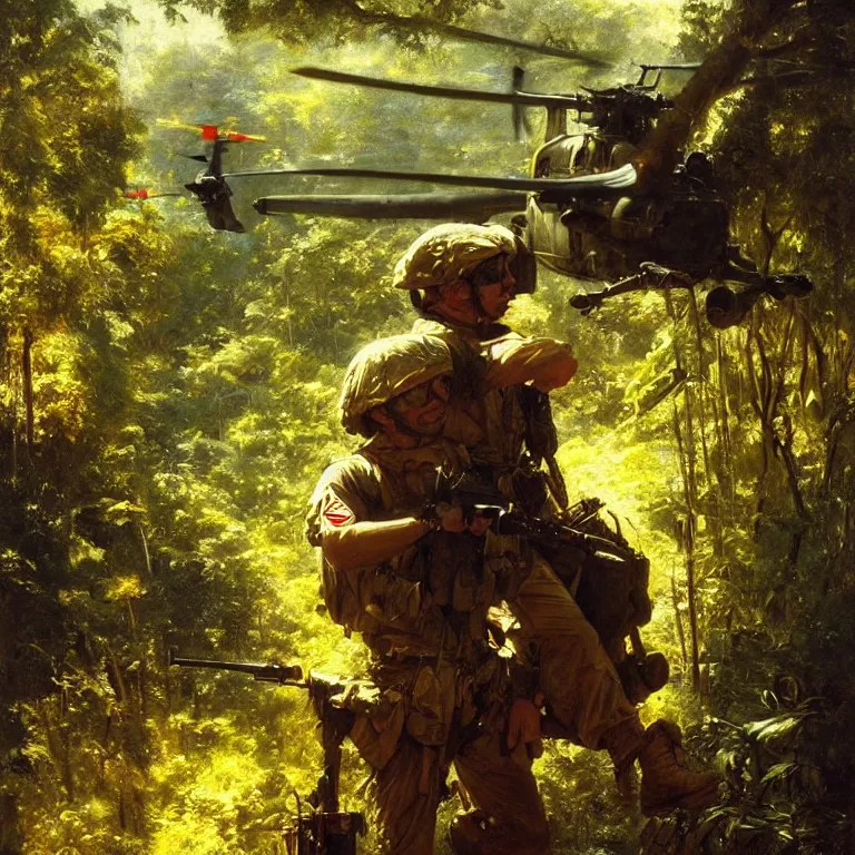 Image similar to portrait of a us soldier, vietnam war, majestic, posing into helicopter, above the jungle, fine art portrait painting, strong light, clair obscur, by caravaggio, by gaston bussiere, craig mullins
