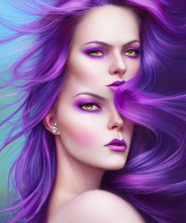 Image similar to Portrait of a woman with bright colored flying hair, all shades of purple. Hair coloring, beautiful lips and makeup. Hair fluttering in the wind, amber eyes, face, long hair, fantasy, intricate, elegant, highly detailed, digital painting, artstation, concept art, smooth, sharp focus, illustration, art by artgerm and greg rutkowski and alphonse mucha