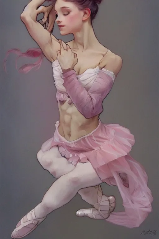 Prompt: ballerina, soft, pink, artgerm and alphonse mucha, trending on artstation