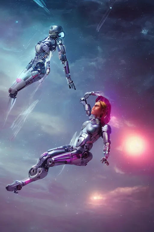 Image similar to woman cyborg floating in space letting go of reality and experiencing the quantum feild, matte painting comic book art, cinematic, highly detailed, realistic, beautiful cosmic neural network, octane render, unreal engine, depth of field, trending on artstation, sharp focus, philosophical splashes of colors