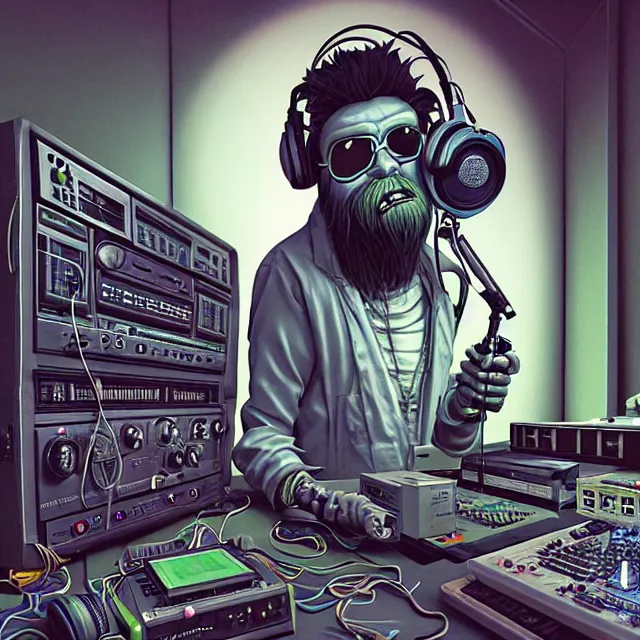 Image similar to a portrait of an anthropomorphic cyberpunk yeti podcasting while working in his secret electronics lab, detailed render, tape deck, microphone, boombox, headphones, epic composition, cybernetics, 4 k realistic, cryengine, realistic shaded lighting, sharp focus, masterpiece, by matteo scalera, gary montalbano, peter elson in the style of the tokyo ghost comic