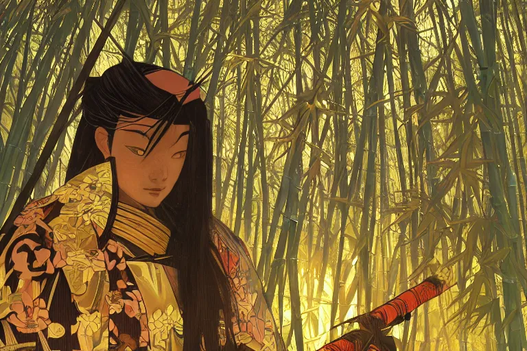 Image similar to close up of samurai in full armor, in a mysterious and bamboo forest, golden hour, by fiona staples, range murata, alphonse mucha